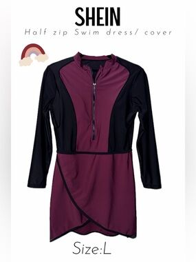 SHEIN Burgundy & Black Half-Zip Long Sleeve Swim Dress/cover up